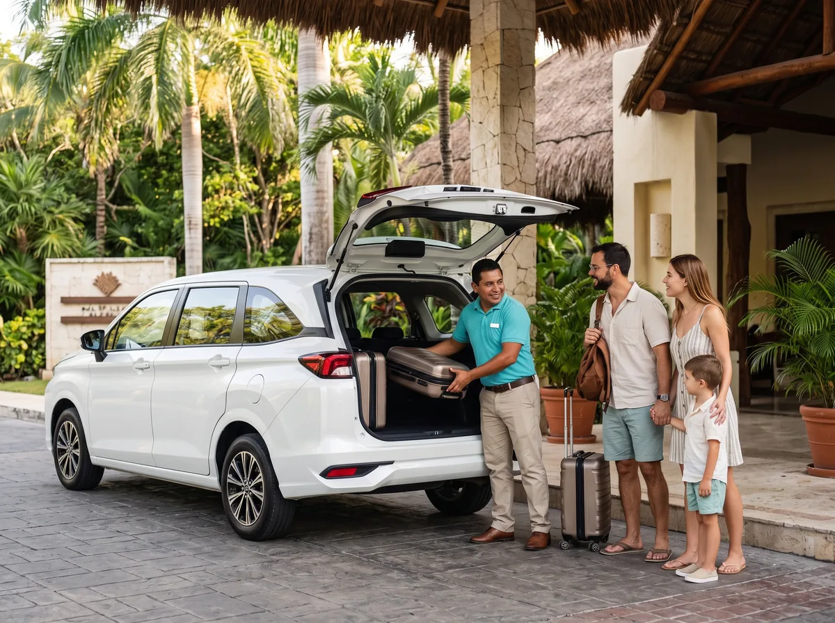 Conductor ayudando a una familia con el equipaje junto a una minivan